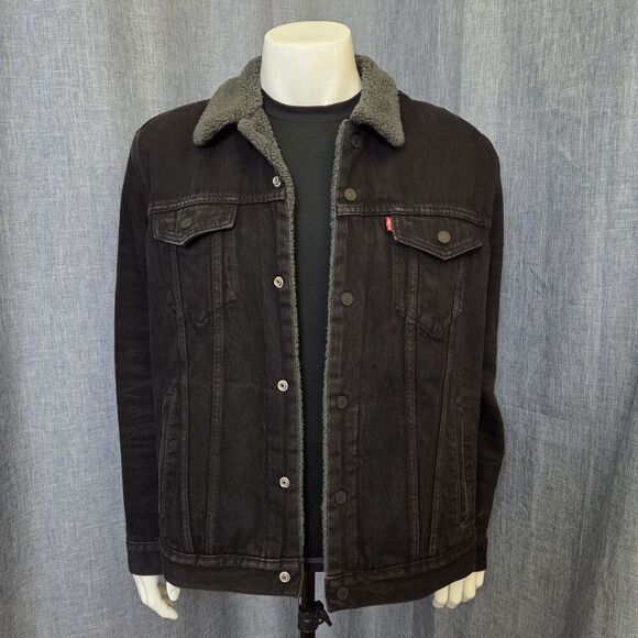 Levi's Men's Trucker Jacket Sherpa Lined Red Tag Reg Fit Black Denim Jean Sz XL - Picture 1 of 15